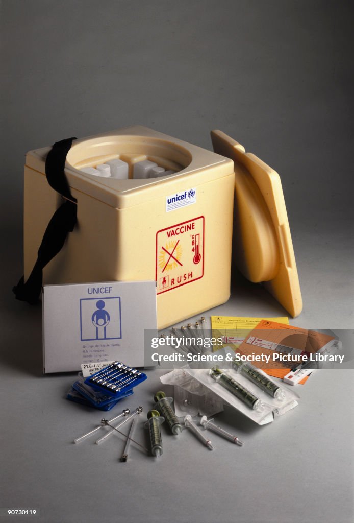 Vaccine carrier, thermometer, and monitor cards, 1994.