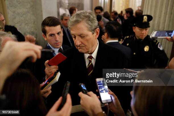 January 19: Sen. John Kennedy speaks with reporters outside the Senate chamber at the U.S. Capitol January 19, 2018 in Washington, DC. A continuing...