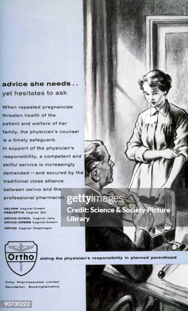 Ortho advertisement for contraceptives, showing a nervous woman in her male doctor�s office. The text stresses the doctor�s responsibility in...