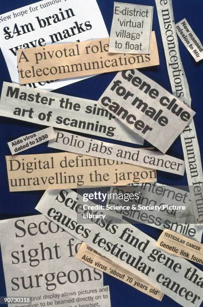 An arrangement of headlines associated with science and technology, clipped from a variety of British newspapers.