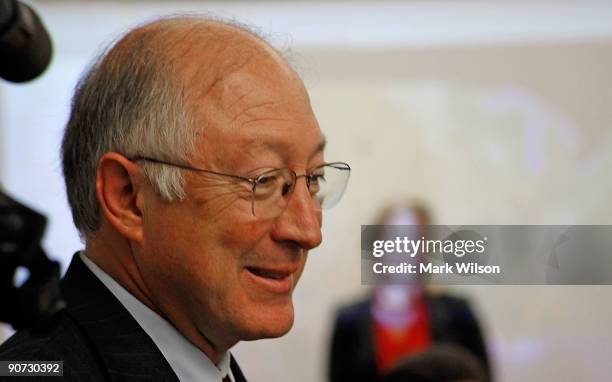 Interior Secretary Ken Salazar speaks to the media at the Department of Interior on September 14, 2009 in Washington, DC. The news conference...