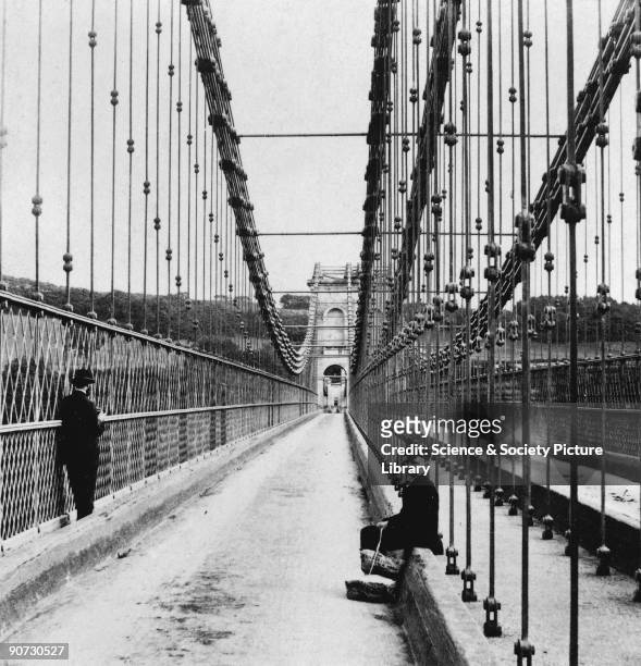 View of Menai suspension bridge, , Menai Strait, Wales, c late 19th Century. One of a stereopair by Bedford. Menai suspension bridge was built by...