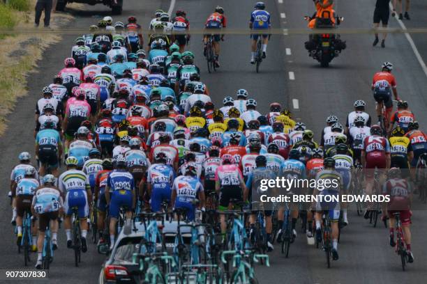 The peloton rides through the South Australian wine district of McLaren Vale on the fifth day of the Tour Down Under cycling race in Adelaide on...