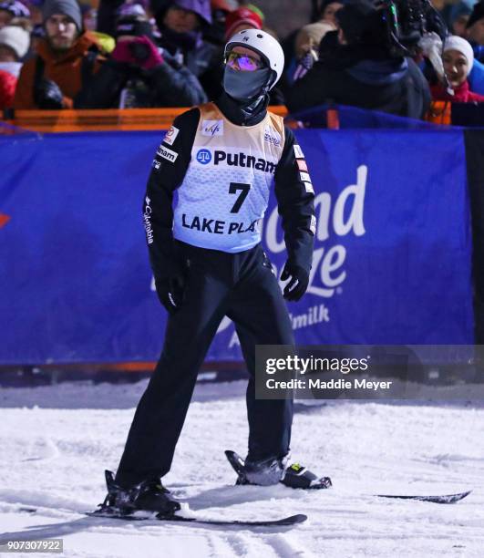 Mac Bohonnon of the United States reacts to his jump in the Final round during the Putnam Freestyle World Cup at the Lake Placid Olympic Ski Jumping...