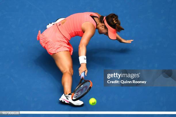 Lauren Davis of the United States injures her foot in a fall in her third round match against Simona Halep of Romania on day six of the 2018...