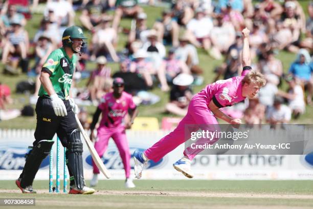 Scott Kuggeleijn of the Knights bowls during the Super Smash Grand Final match between the Knights and the Stags at Seddon Park on January 20, 2018...