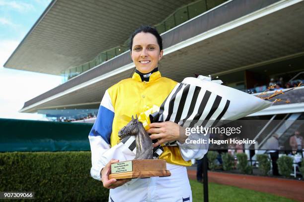 Sam Spratt poses after winning the Harcourts Thorndon Mile on Stolen Dance during Wellington Cup Day at Wellington Racing Club on January 20, 2018 in...