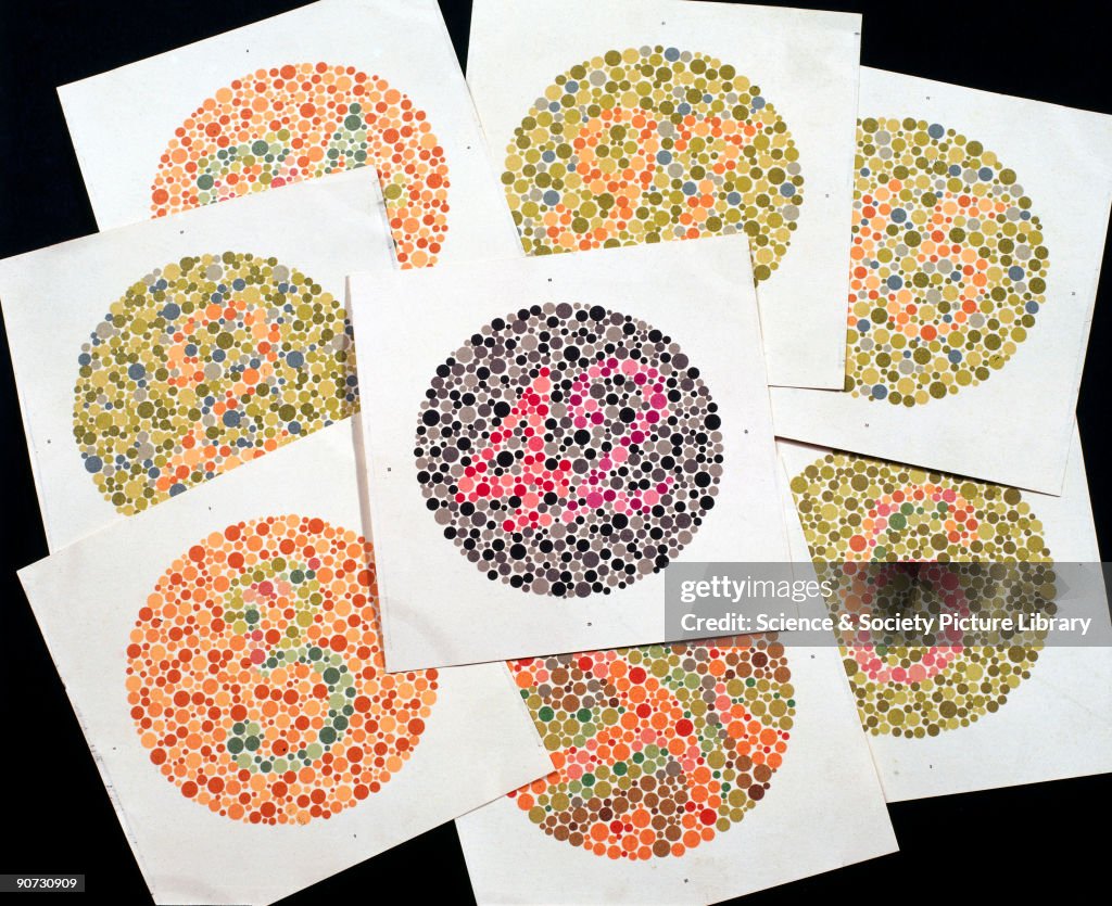 Set of eight Ishihara charts for testing colour-blindness, c 1959.