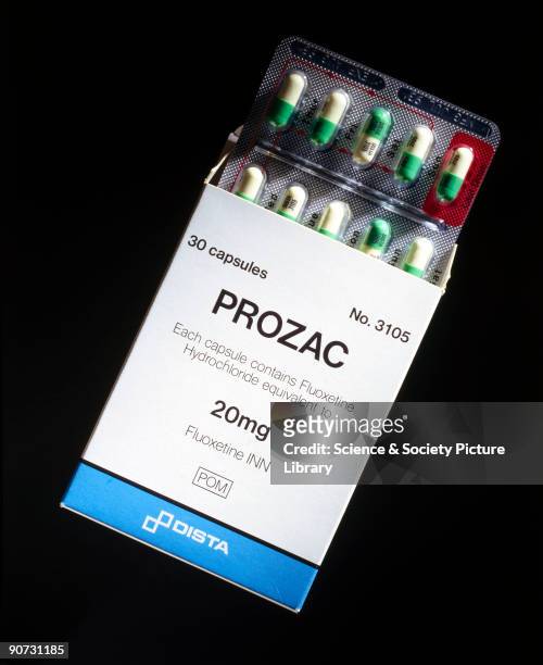 Manufactured by Dista. A packet of the anti-depressant drug Prozac . Prozac works as an anti-depressant by prolonging the action of the...
