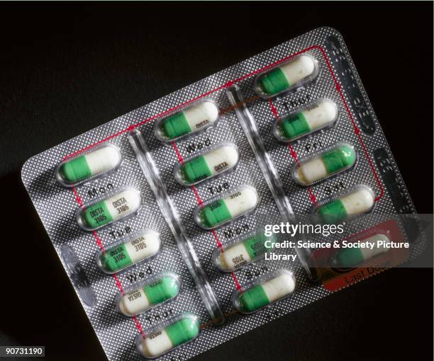 Manufactured by Dista. A packet of the anti-depressant drug Prozac . Prozac works as an anti-depressant by prolonging the action of the...