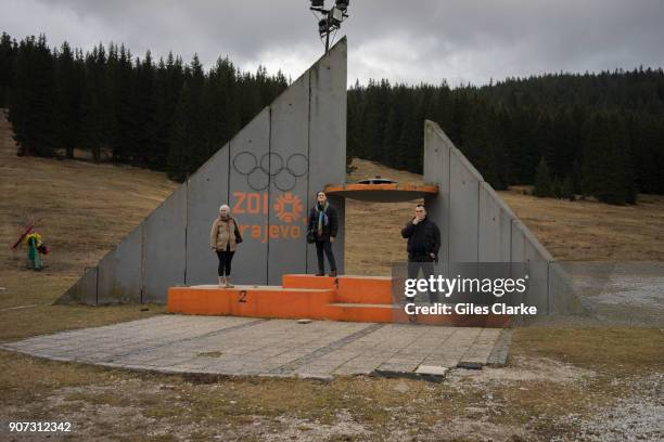 The abandoned medal podium constructed for the 1984 Winter Olympics and where winning competitors were feted. Ten years later, the podium was turned...