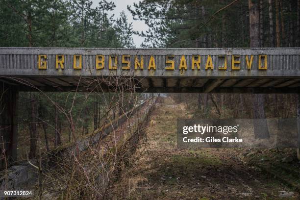 The finish line of the 1984 Sarajevo bobsled run on Mount Trebević as it is now. The three-kilometer-long run winds its way down through the woods to...