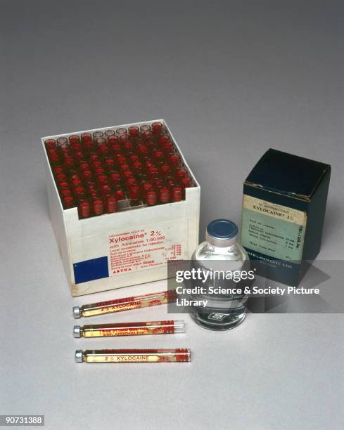 This selection of local anaesthetics includes a bottle of two percent Xylocaine solution, with box produced by Astra-Hewlett Ltd of Watford and a box...