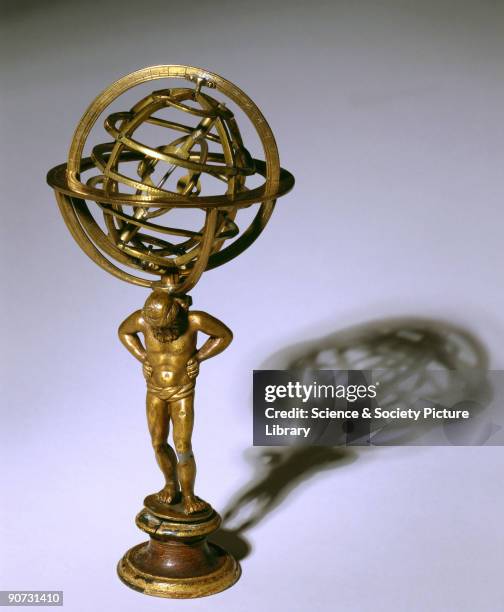 This European brass armillary sphere was made in the 17th century, but has been mounted on a later 19th century base with horizon ring. The...