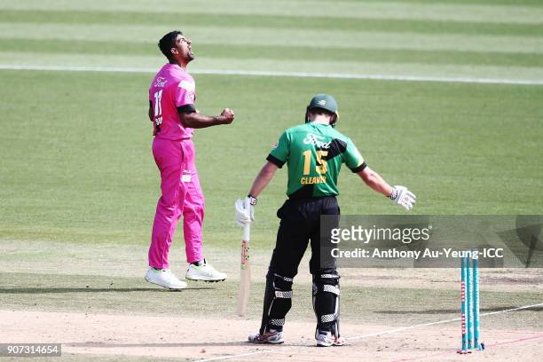 Ish Sodhi of the Knights celebrates the wicket of Dane Cleaver of the Stags during the Super Smash Grand Final match between the Knights and the...