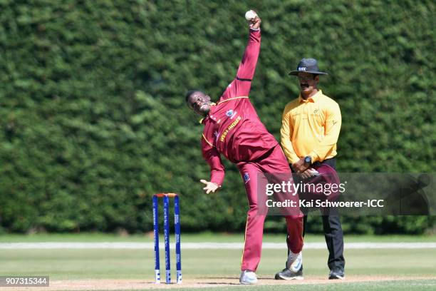 Jeavor Royal of the West Indies bowls during the ICC U19 Cricket World Cup match between the West Indies and Kenya at Lincoln Oval on January 20,...