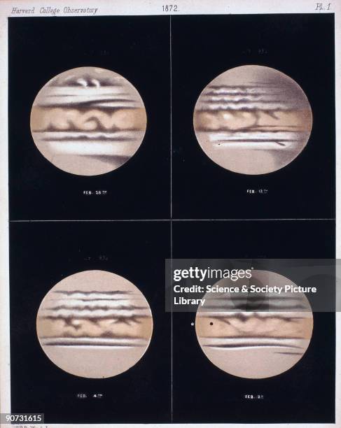 Lithographic colour print issued by Harvard College Observatory in 1876, showing four sketches of the planet Jupiter. Produced in 1872 by Etienne...