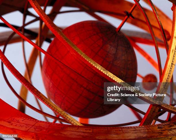 Detail of the Earth at the centre of the armillary sphere. Made by Girolamo della Volpaia of Florence, Italy, this brass armillary sphere encloses a...