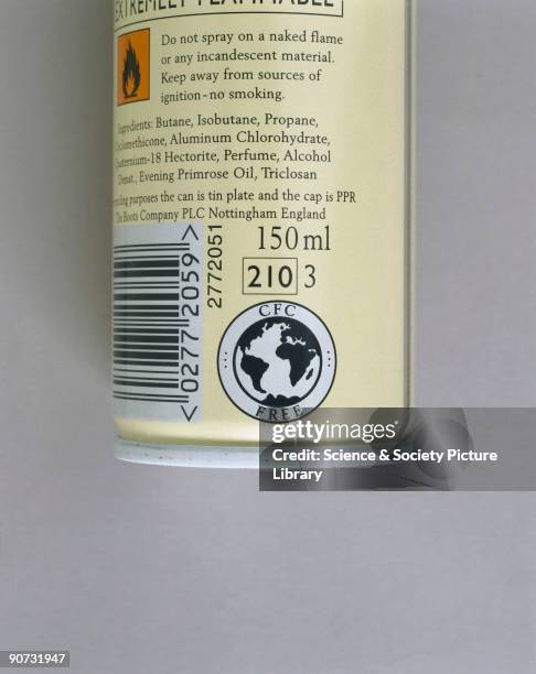 Close-up of canister label. In 1984 scientists confirmed that CFCs were contributing to the depletion of the ozone layer which protects the earth�s...