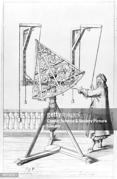 Brass sextant supported by ropes, c 1650. Plate from Johannes Hevelius's 'Machina Coelestis' , showing Havelius's brass sextant. Hevelius was an...