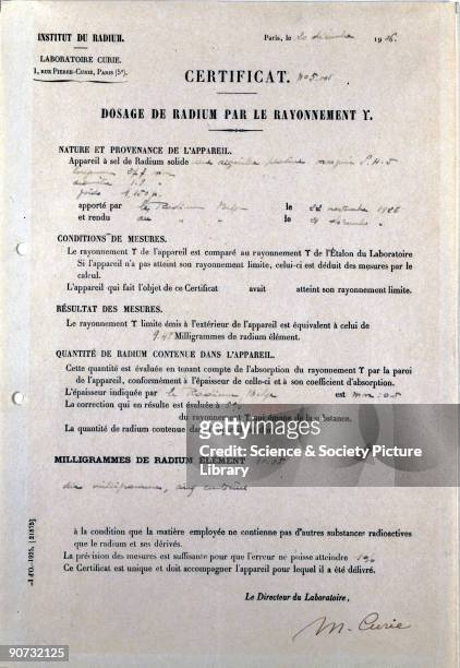 Certificate to specify radium content signed by Marie Curie in her role as director of the Institute de Radium. Pierre Curie and his wife Marie were...