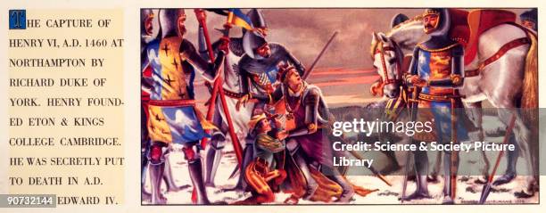 British Railways carriage print by Edward Mortelmans, showing Henry VI being captured at Northampton during the Wars of the Roses by Richard, Duke of...