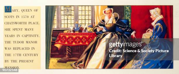 British Railways carriage print, showing Mary, Queen of Scots reading a letter, whilst being held captive at Chatsworth Place, Derbyshire in 1570....