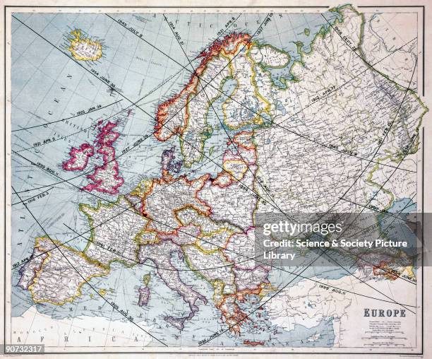 Map of Europe by George Philip & Son Ltd marked with the paths of totality for all total solar eclipses visible in this area during the 20th century....