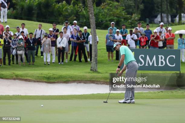 Sergio Garcia of Spain plays his shot on the seventeenth hole of Round 2 on day 3 of the Singapore Open at Sentosa Golf Club on January 20, 2018 in...