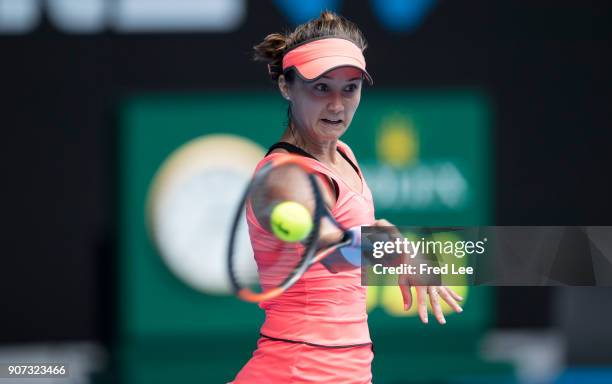 Lauren Davis of the United States plays a forehand in her third round match against Simona Halep of Romania on day six of the 2018 Australian Open at...