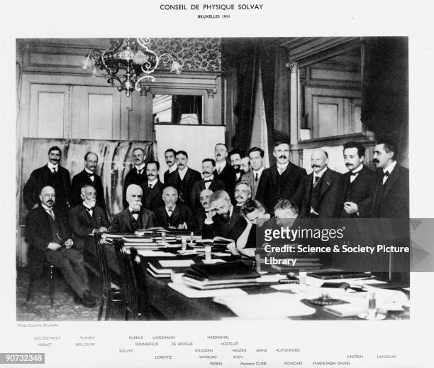 Group portrait of some of the delegates attending the 1911 Solvay Conference in Belgium. Amongst those shown are such important physicists as Max...