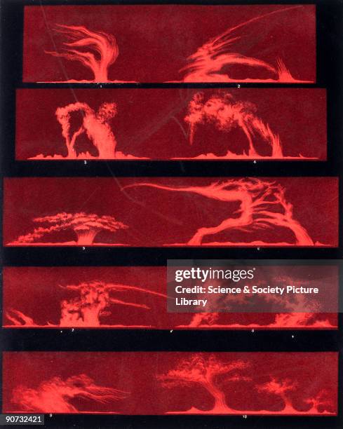 Lithographic colour print issued by Harvard College Observatory in 1876, showing ten sketches of solar prominences. Drawn in 1872 by Etienne Leopold...