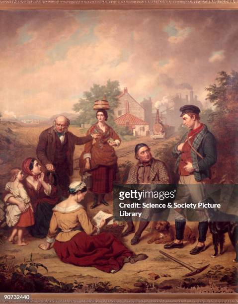 George Stephenson, English railway engineer, and family. Oil painting by an unknown artist of Stephenson , and family, with a colliery and early...