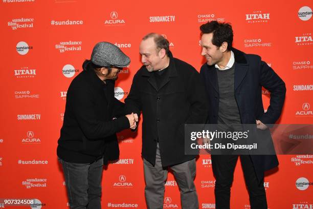 Actors Hiroyuki Sanada, Paul Giamatti and Paul Rudd attend the "The Catcher Was A Spy" Premiere during the 2018 Sundance Film Festival at The Marc...