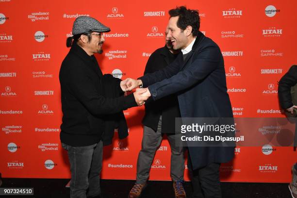 Actors Hiroyuki Sanada, Paul Giamatti and Paul Rudd attend the "The Catcher Was A Spy" Premiere during the 2018 Sundance Film Festival at The Marc...