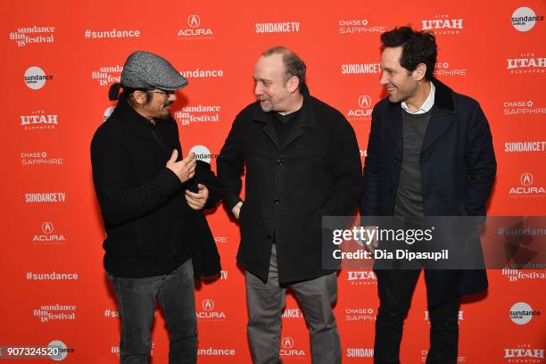 Actors Hiroyuki Sanada, Paul Giamatti and Paul Rudd attend the "The Catcher Was A Spy" Premiere during the 2018 Sundance Film Festival at The Marc...