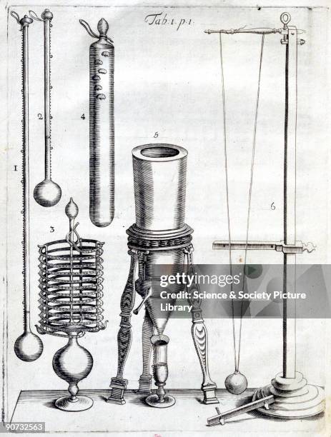 Plate from Accademia del Cimento : Essays of Natural Experiments, showing instruments used to discover the alterations of the air caused by heat and...