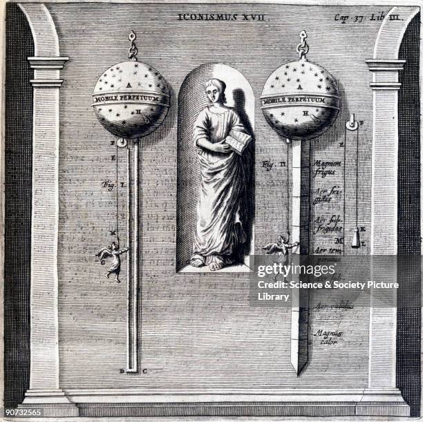 Plate from Otto von Guericke's 'Experimenta Nova Magdeburgica'. This thermometer was over twenty feet in length and this plate shows how it would...