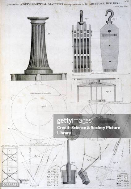 Engraving made in 1790 by J Record showing a variety of elements of the Eddystone lighthouse building. Designed by the English civil engineer John...