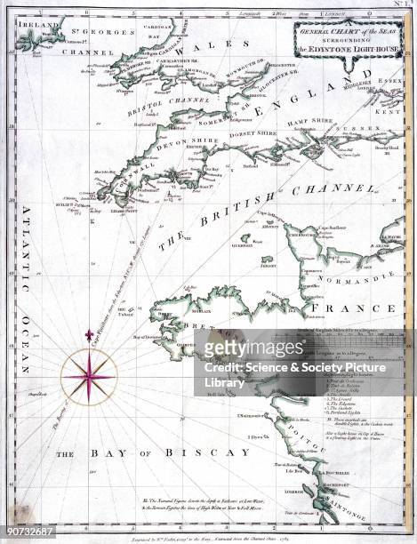 Engraving by royal geographer William Faden based on the Channel Chart of 1784. Eddystone Rocks, 14 miles off the coast of Plymouth in Devon, are the...