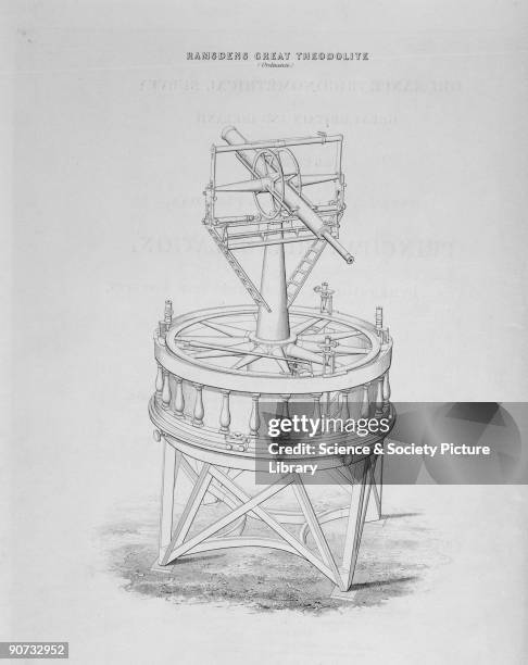 This engraving of Jesse Ramsden�s three foot theodolite was published in 1858. The theodolite itself is held in the Science Museum, London. It is the...