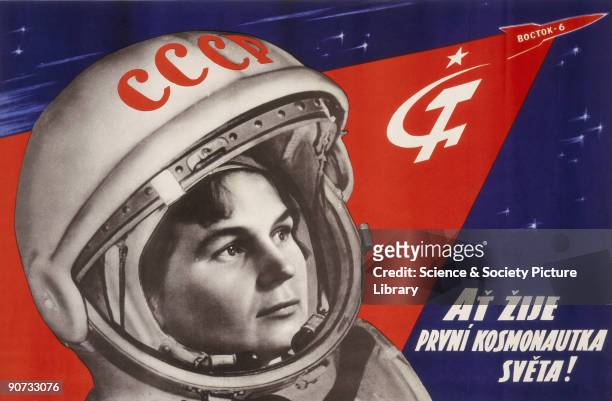 Colour poster issued by the Soviet State Publishing House of Decorative/Fine Arts in Moscow, Russia, to celebrate the first woman in space. The text...