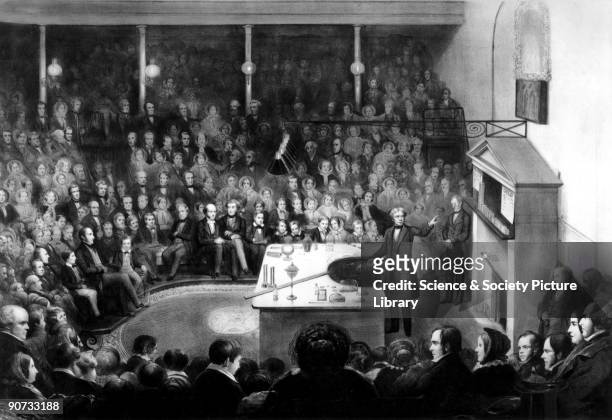 Tinted lithograph by Leighton Bros after A Blaikley showing Faraday lecturing at the Royal Institution. The original was painted to commemorate the...