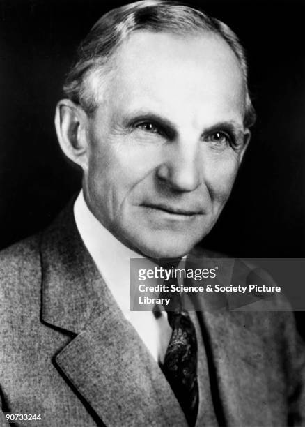 Photographic portrait of Henry Ford who founded the Ford Motor Company in 1903. Ford pioneered modern 'assembly line' mass production techniques for...