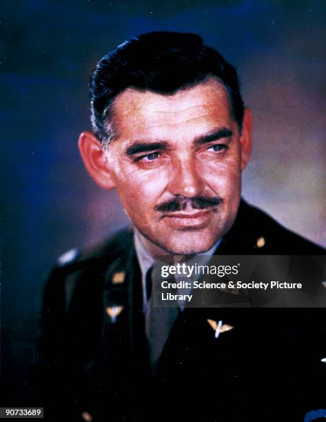 Portrait of American actor Clark Gable shot on Kodachrome professional film transparency by J C A Redhead. Gable flew on combat missions as a gunner...