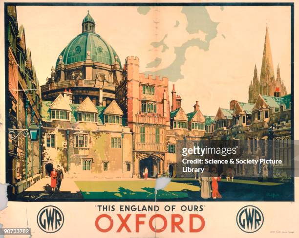 Poster produced for Great Western Railway to promote rail travel to Oxford. The poster shows a view of the interior courtyard of one of the Oxford...