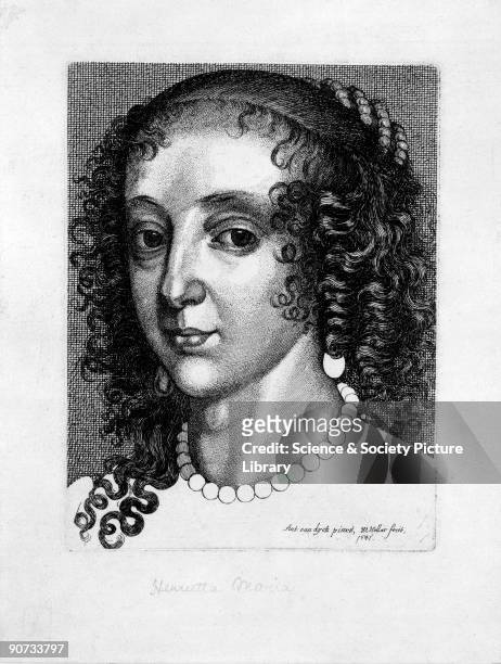 Engraving by Hollar after a painting by Van Dyck. Henrietta Maria was Queen Consort of Charles I , and youngest daughter of Henri IV of France and...
