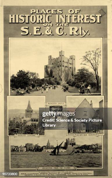 South East & Chatham Railway poster showing four photographic views of Rochester with a coat-of-arms in centre.