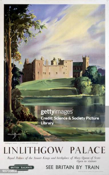 British Railways poster showing the palace across a loch, with a couple in the foreground. Artwork by Claude Buckle. Printed by Stamford & Co. Ltd,...