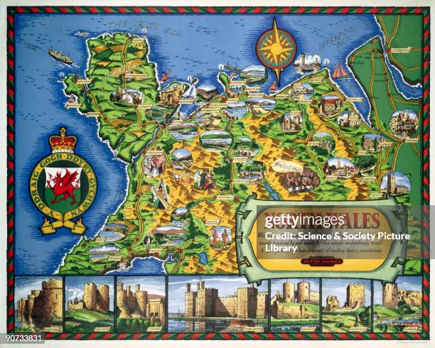 British Railways poster showing a map of North Wales tourist attractions with views of castles below. Artwork by D W Burley.